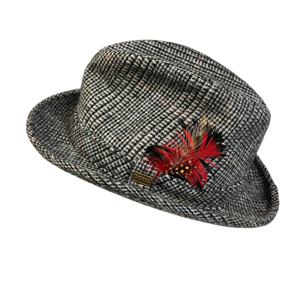 Vintage Dobbs Fedora Hat Gray Plaid Herringbone Tweed Wool Size 7 Feather Lined